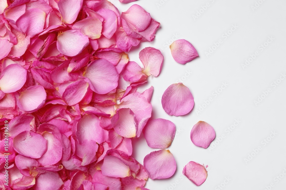 Obraz premium A mass of light pink rose petals on a white background, scattered sparsely to the right