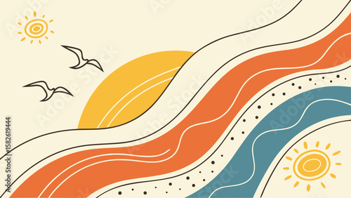 Abstract wave background with colorful curves and summer beach style design