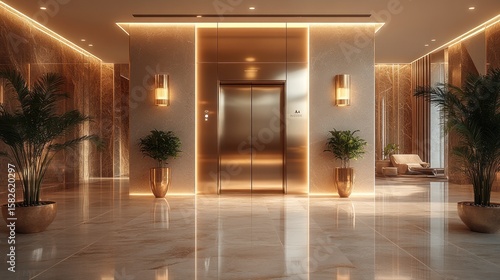 Modern hotel lobby elevator with gold accents and lounge area
