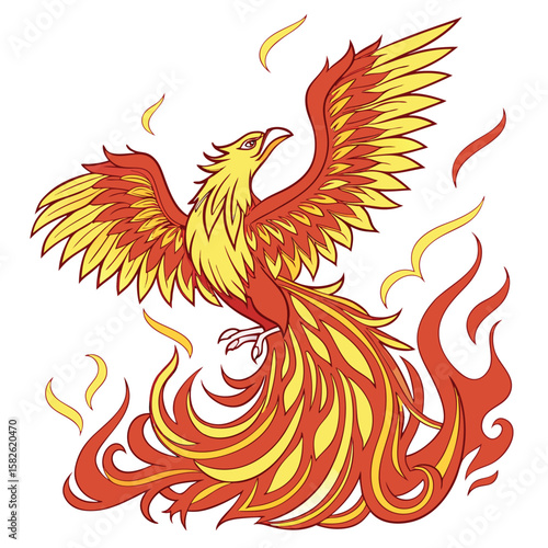 Vibrant glowing phoenix rising from flames fiery feathers in bright oranges reds and yellows high contrast, centered t-shirt print