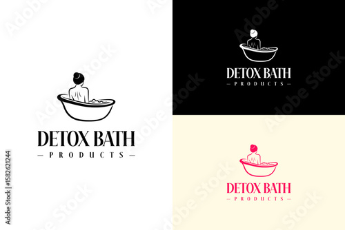vector illustration of woman's back sitting inside a bath tub, logo for spa products, bath therapy, calming, detox body care, natural bath, herbal, wellness, detox bath products, and more