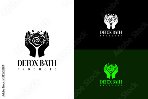 two cupped hands holding a lather orb vector illustration, logo for bath therapy, bath accessories, detox body care, herbal bath, organic, natural, detox bath products, and more