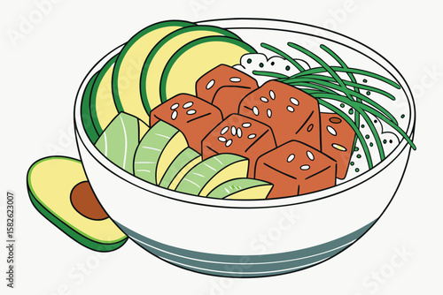 A poke bowl with avocado slices, rice, green onions, and sesame seeds in a white bowl illustration