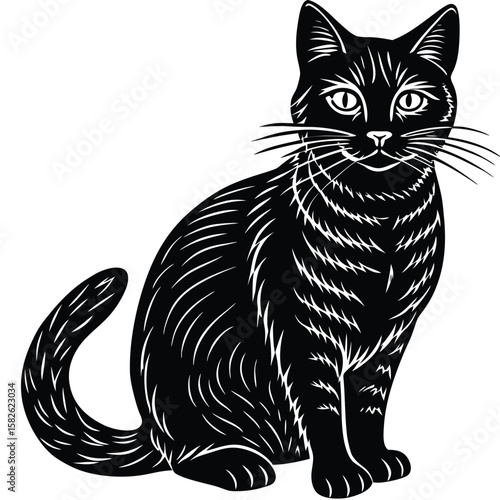 Black and White Sitting Cat Vector Illustration