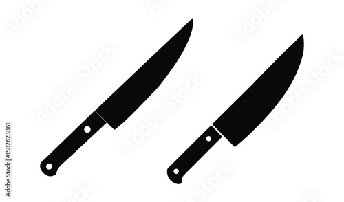 Two black silhouette chef knives with handles on a white background