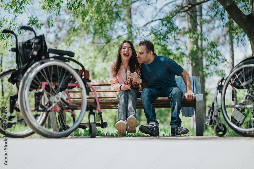 Obraz premium A young couple sharing laughter while sitting on a park bench outdoors, with wheelchairs beside them, illustrating companionship, inclusivity, and an appreciation for the beauty of nature.
