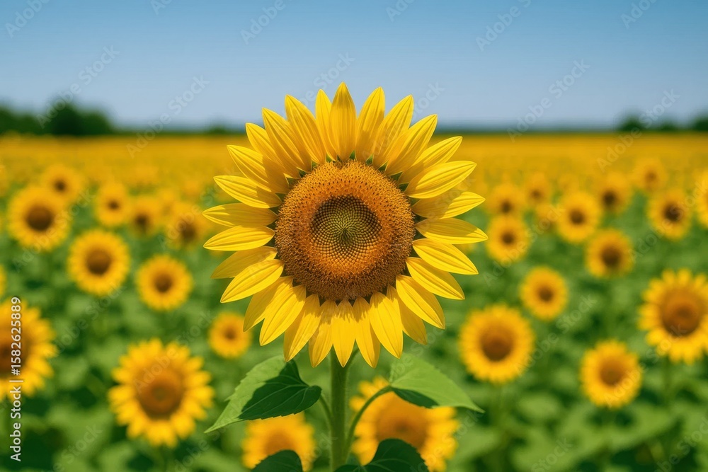 Fototapeta premium Vibrant field of bright yellow sunflowers under a clear blue sky, with a single bloom in sharp focus, symbolizing summer, growth, and natural beauty in a beautiful illustration.