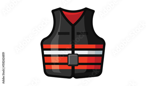 Illustration of a black and orange life vest with reflective stripes