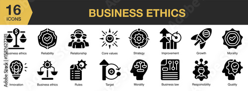 Business Ethics solid icon set. Includes integrity, company, honesty, social, responsibility, and More. Solid icons vector collection.