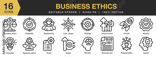 Business Ethics icon set. Editable Stroke Icon Collection. Includes business, corporate, management, ethics, strategy, and More. Outline icons vector collection.