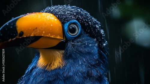 Close-up of a Wet Toucan Bird with Vivid Colors in the Rain