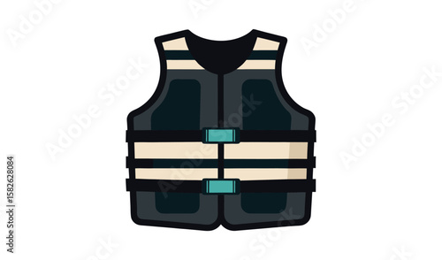Illustration of a dark blue life vest with white and teal straps