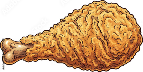 An appetizing drumstick of crispy fried chicken glistens, rendered in detailed vector art for menus, branding, or culinary designs.