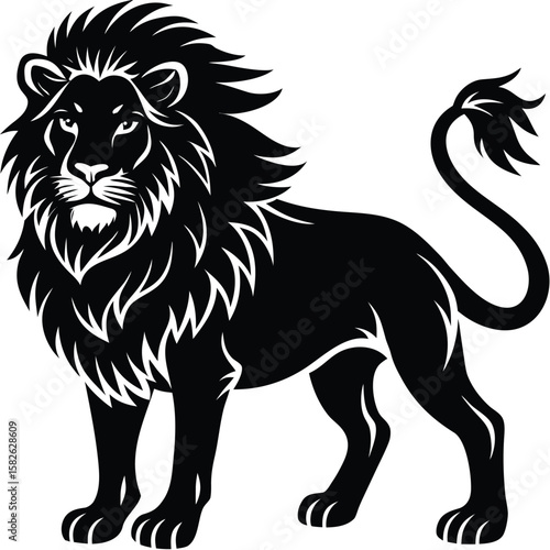 Lion black silhouette vector, Simple silhouette Design vector icon with white background. Wild Animal Vector.