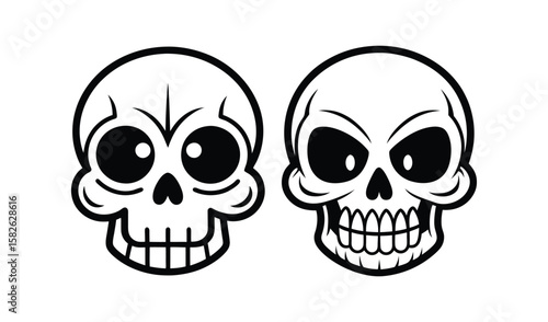 Two cartoon skulls facing forward with different expressions and styles