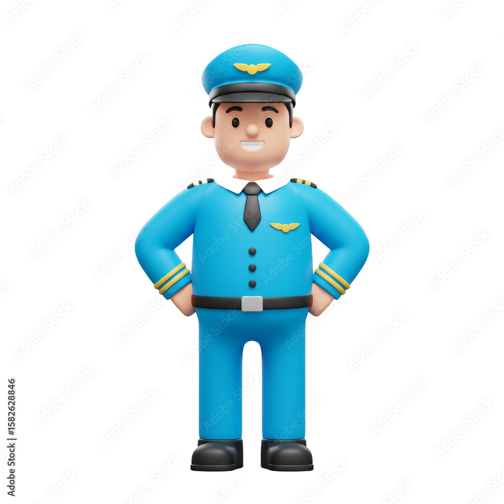 Illustration of a cheerful cartoon aviator with confident posture in a blue flight suit Illustration of a cheerful cartoon aviator with confident posture in a blue flight suit