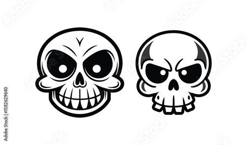 Two cartoon skulls with big eyes and grinning mouths on white background