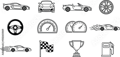 Car racing icons showcase speed, competition, and automotive design elements.