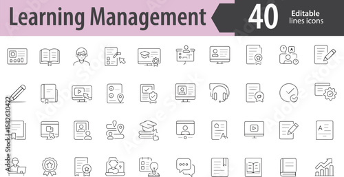 Learning Management Line Icons, Online Course, Progress Tracker, Student Dashboard, Certification Badge, Assignment Upload, Editable Formats: AI, EPS, PNG, Ideal for Both Digital and Print Use
