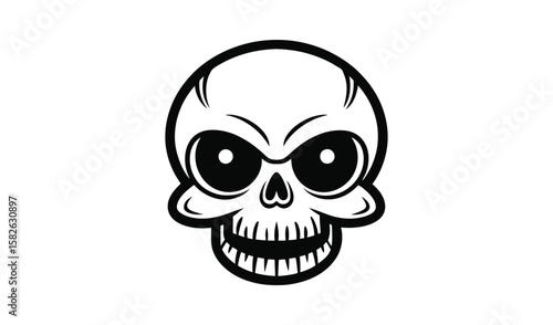 Cartoonish skull with large eyes and grinning teeth on white background