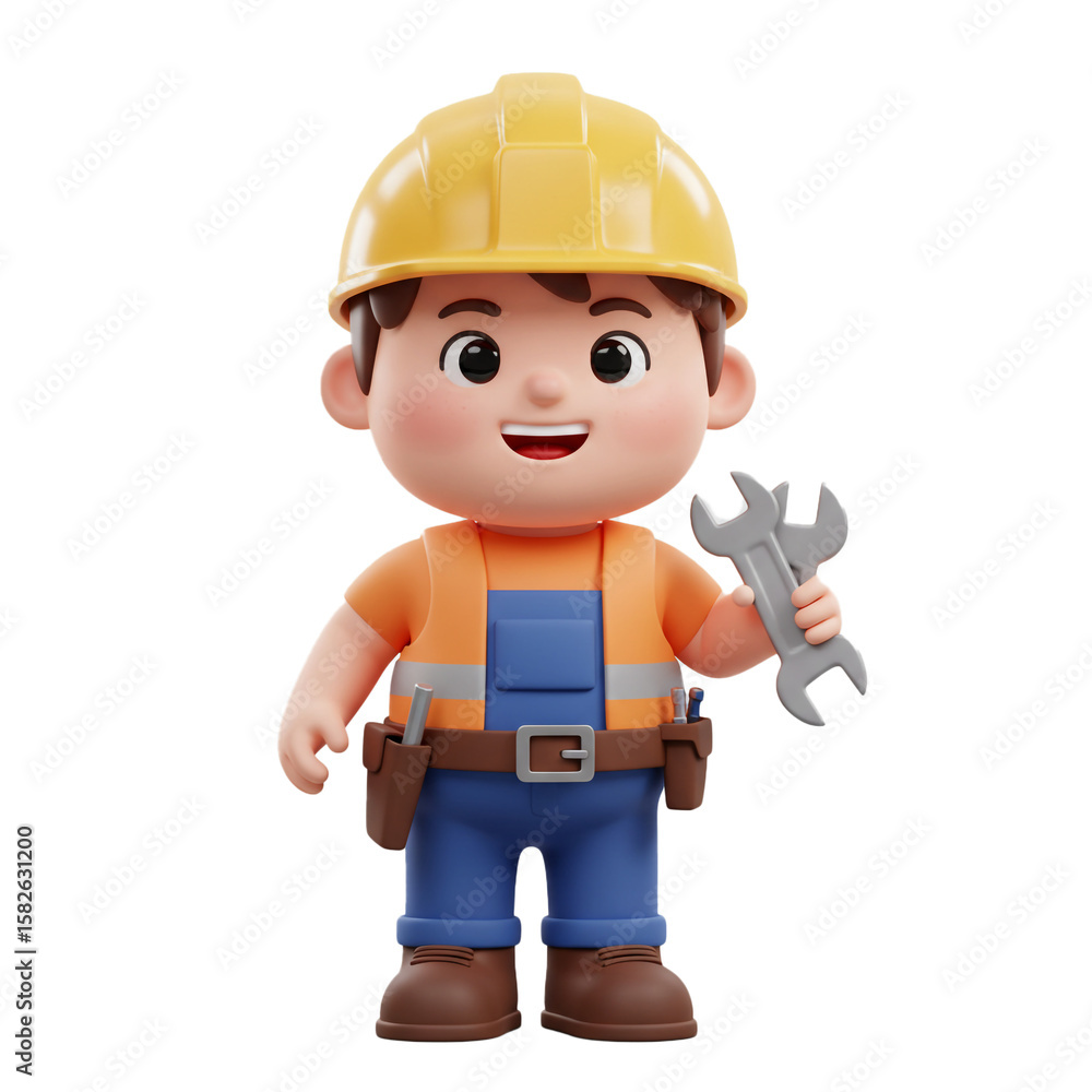 Cheerful cartoon construction worker holding wrench ready to fix everything with confidence and Cheerful cartoon construction worker holding wrench ready to fix everything with confidence and
