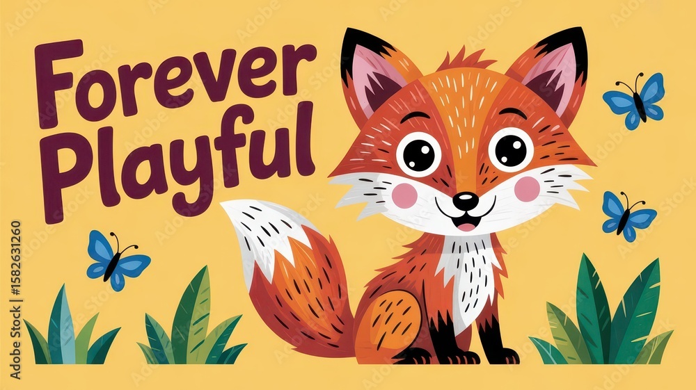 Fototapeta premium Playful cartoon fox smiling among butterflies and green grass background 