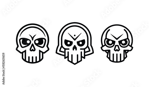 Three stylized skull icons with bold outlines and expressive eyes on a white background