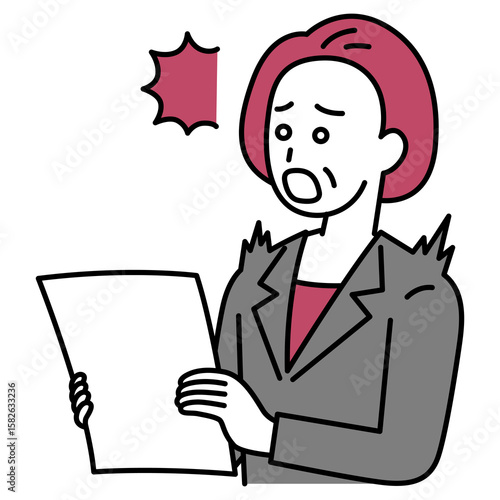 書類を見て驚く中年のスーツの女性