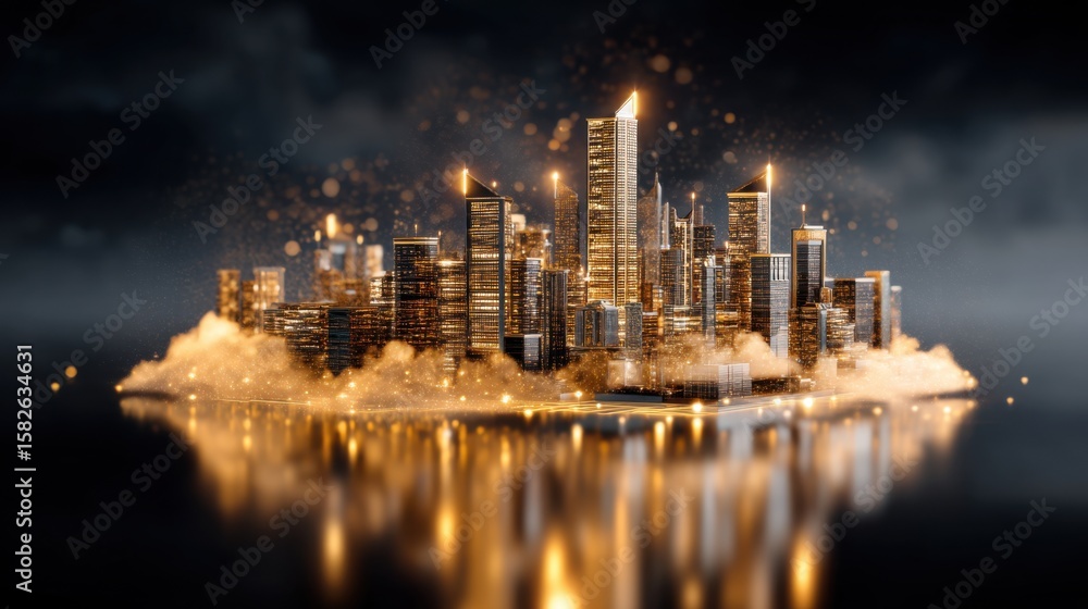 Fototapeta premium A futuristic cityscape glowing with golden lights reflects on calm water, surrounded by a misty, ethereal atmosphere.