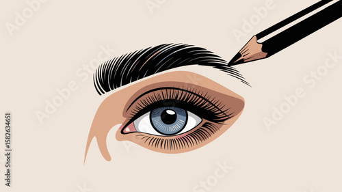 cosmetic pencil shaping a woman's eyebrow, vector illustration for makeup application, beauty salon procedure and eyebrow enhancement