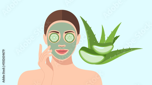 woman with aloe vera facial mask and cucumber on eyes, vector illustration for natural skincare routine, organic beauty treatment and home spa relaxation