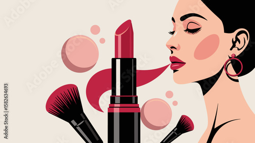 woman's profile with lipstick and makeup brushes, vector illustration for cosmetics application, beauty glamour and fashion makeup