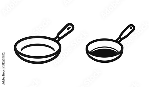 Two simple black and white line art icons of frying pans on a white background