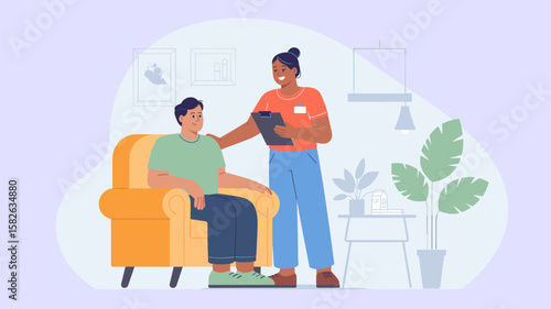 health worker with clipboard comforting a patient in an armchair, vector illustration for a home visit, mental health support and compassionate patient care