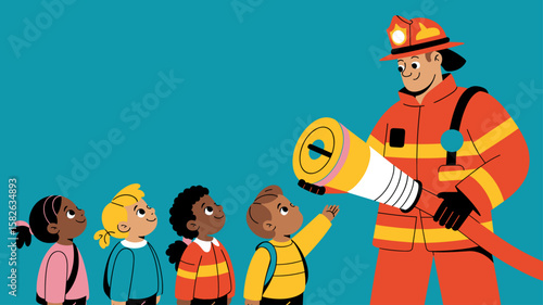 firefighter showing fire hose to a diverse group of children, vector illustration for learning about community helpers, fire safety education and public service careers