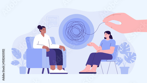 therapist helping a patient untangle confused thoughts, vector illustration for a mental health session, psychotherapy and professional emotional support