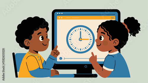 two children at a computer learning about time, vector illustration for sharing, taking turns and developing social skills