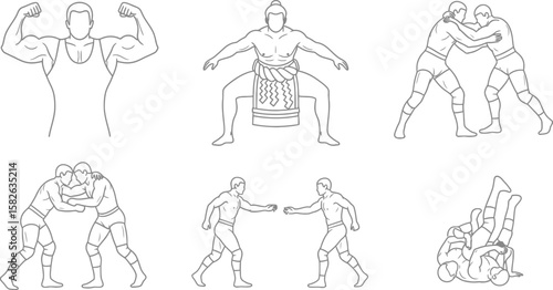 Diverse wrestling styles showcased in detailed outline vector art, featuring wrestling, sumo, and combat sports action, perfect for graphics.