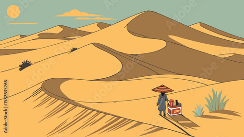 A lone figure in traditional attire stands in a vast desert, offering snacks from a cart under a bright sun.
