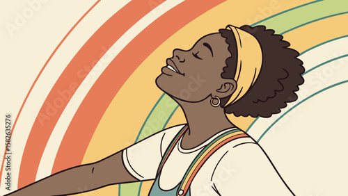 A joyful Black woman with natural hair, embracing positivity against a vibrant rainbow backdrop.