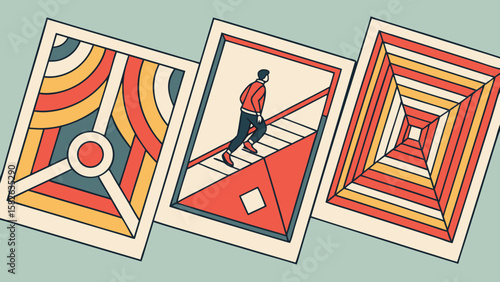 A young man in vibrant attire ascends stairs, framed by colorful abstract designs, embodying a journey through art and geometry.