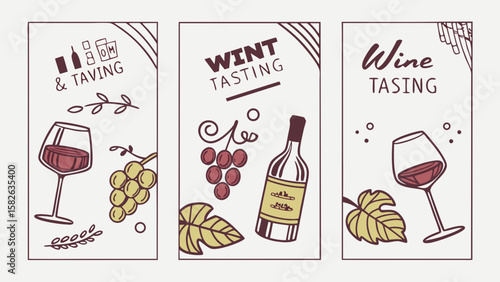 Artistic wine tasting illustrations featuring glasses, grapes, and a bottle, perfect for wine enthusiasts of all ages.