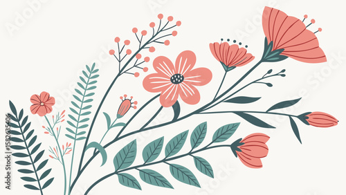 A vibrant floral illustration featuring various flowers and leaves in soft coral and teal tones.
