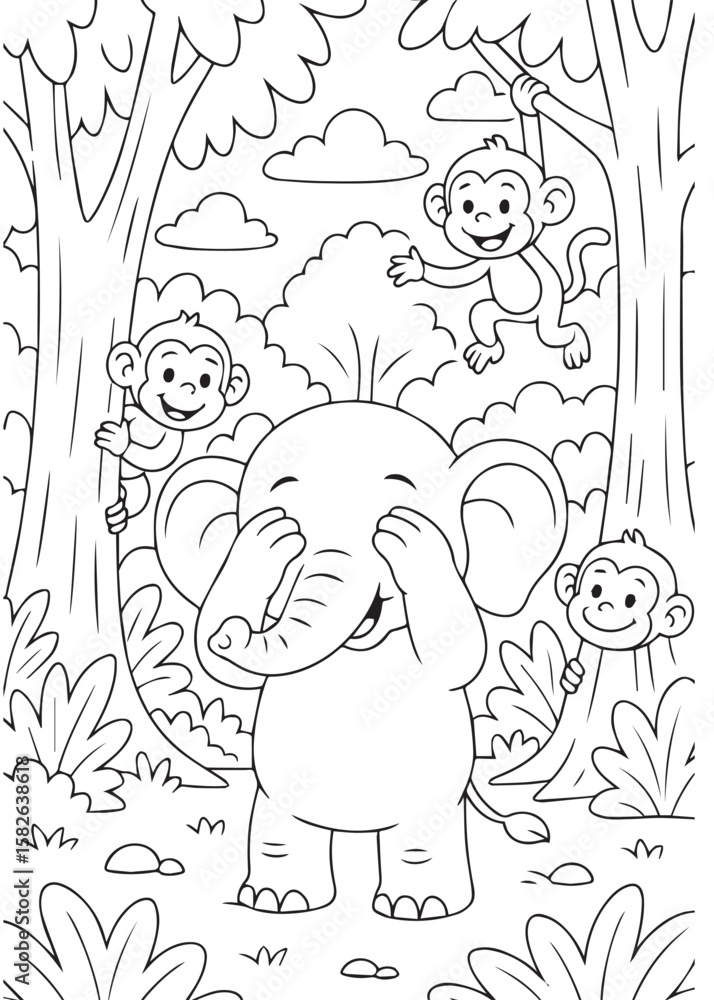 Fototapeta premium Coloring book elephant with monkeys in the forest.