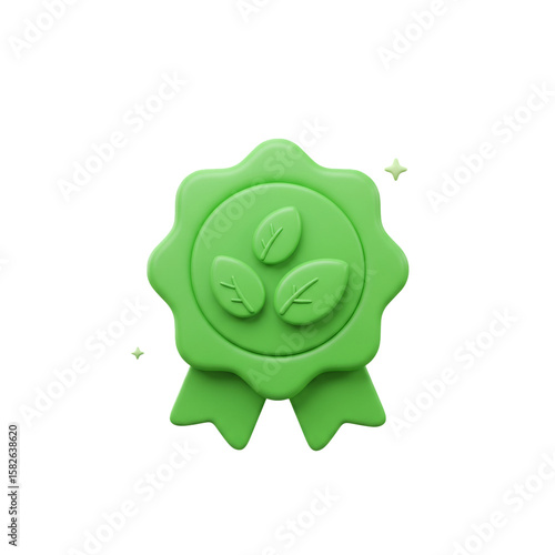 Bright Green 3D Eco Friendly Award Badge Illustrating Organic Quality Certification on White