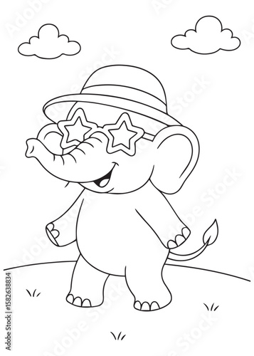 Coloring book elephant wearing hat and sunglasses.