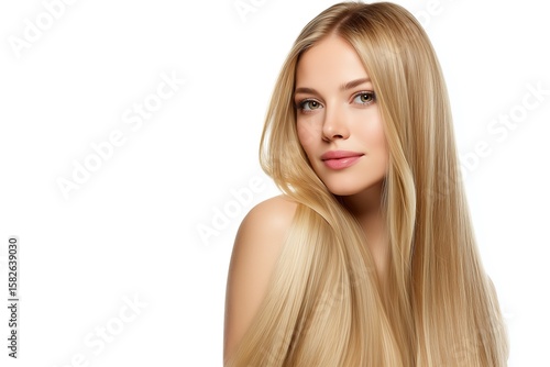 Blonde woman with sleek, healthy hair looking at camera on white background.