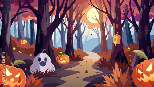 Halloween night scene with pumpkins ghost and bat in a spooky forest with a bright moon shining above