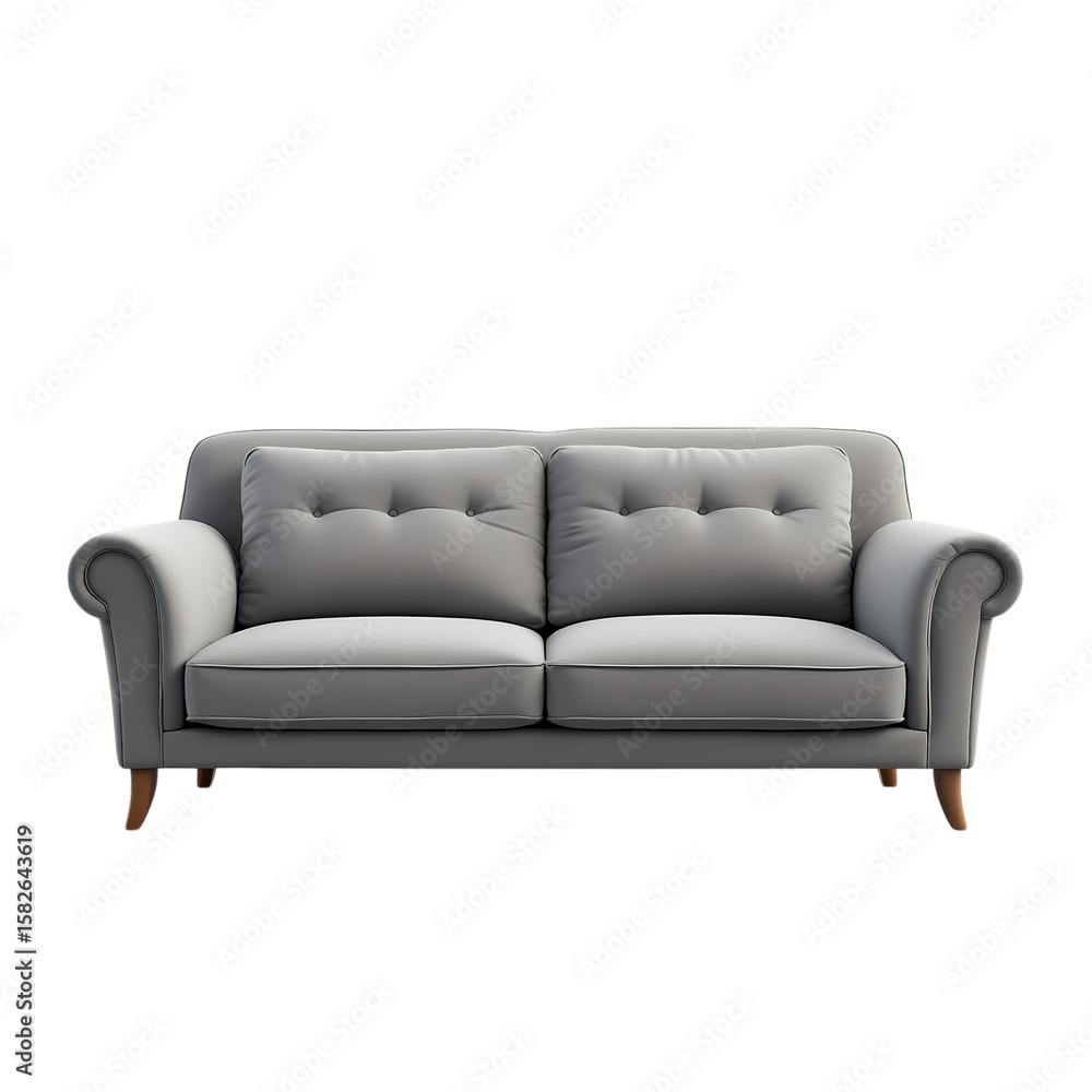 Fototapeta premium A light gray sofa with cushions isolated on transparent background