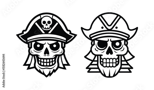 Two stylized skull and crossbones pirate characters wearing tricorn hats and eye patches